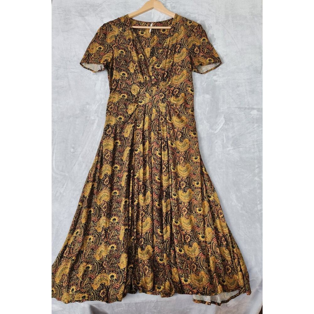 Free People Dress Womens 6 Small Olivia Midi Paisley Print Smocked Pleated Gold